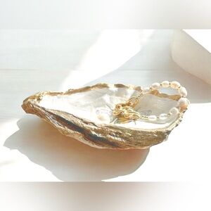 Oyster Shell Ring Dish with Honeybee Design & Faux Pearl